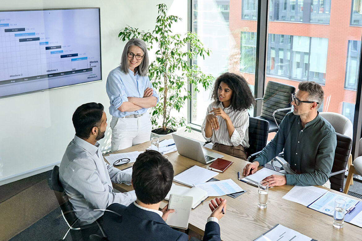 Senior,Female,Ceo,And,Multicultural,Business,People,Discussing,Company,Presentation