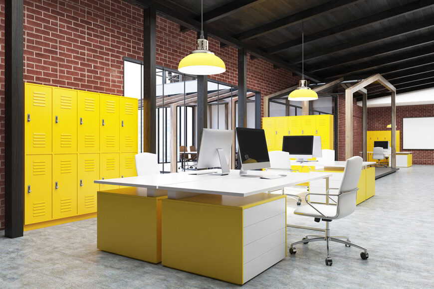 Office,Interior,With,Yellow,And,White,Tables,,Computers,Standing,On